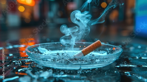   A glass ashtray holds a cigarette and emits smoke through its top photo