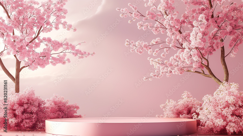 Natural beauty podium backdrop with spring sakura cherry blossom landscape scene. 3d renderingNatural beauty podium backdrop with spring sakura cherry blossom landscape scene. 3d rendering