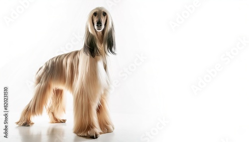 Afghan dog - Canis lupus familiaris - is a hound distinguished by its thick, fine, silky coat, and a tail with a ring curl at the end. isolated on white background