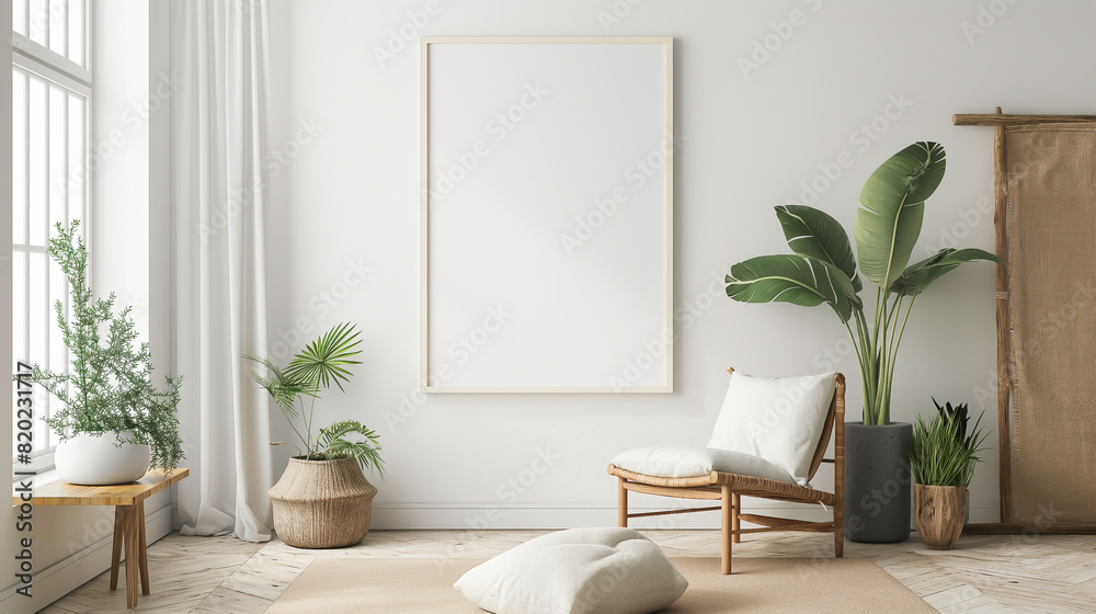 Naklejka premium Interior poster mockup with two vertical empty wooden frames, Plant and sofa, lamp in modern living room with white wall. 3D rendering