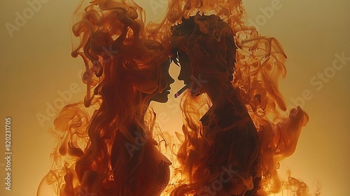   Silhouette of a man and woman with a cigarette against an orange-yellow smoke backdrop