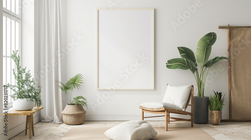 Interior poster mockup with two vertical empty wooden frames  Plant and sofa  lamp in modern living room with white wall. 3D rendering