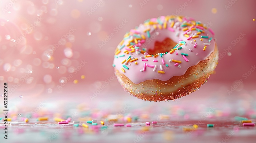 A pink-frosted donut with multicolored sprinkles on a pastel pink backdrop A pink-frosted donut with multicolored sprinkles on a pastel pink backdrop