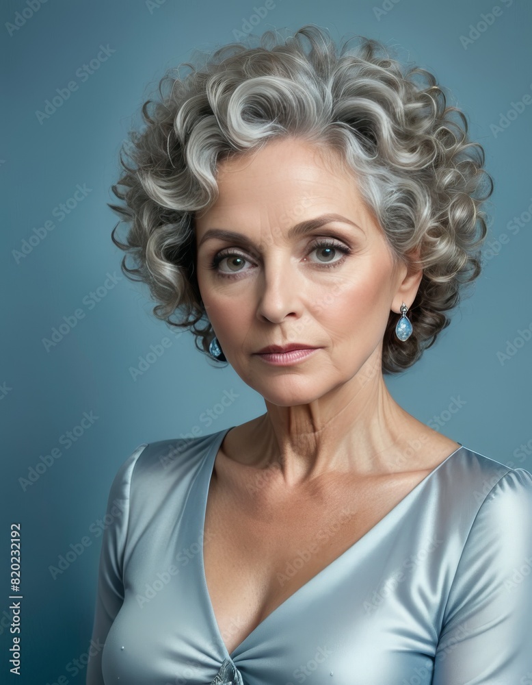 Portrait of an elegant elderly woman with curly silver hair, wearing a satin gown, looking serene against a soft blue background.