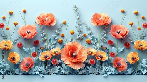  A group of orange-red flowers against a blue-white backdrop, with leaves and blossoms in focus