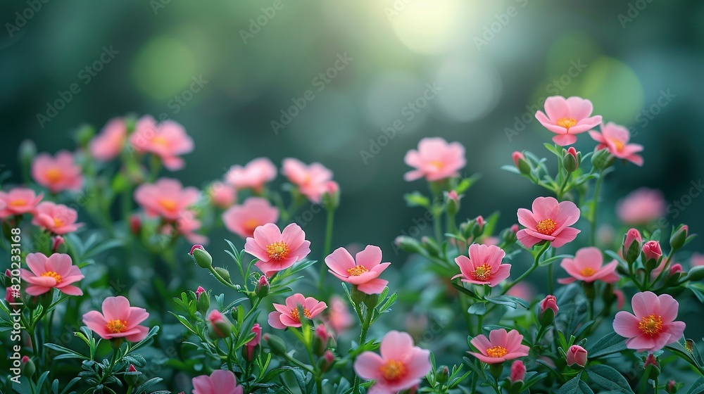 Pink flowers with green foliage in the foreground and sun rays filtering through the background trees Pink flowers with green foliage in the foreground and sun rays filtering through the background trees