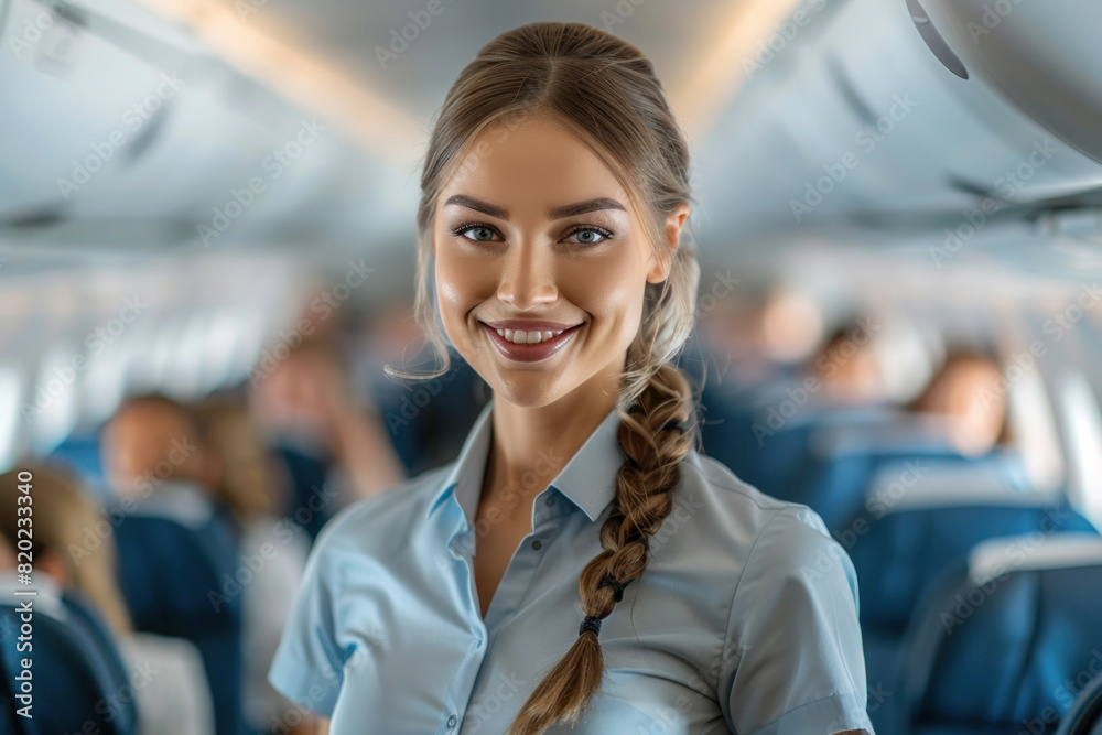 A flight attendant on board a passenger airliner. Beautiful woman flight attendant. Working for an airline A flight attendant on board a passenger airliner. Beautiful woman flight attendant. Working for an airline