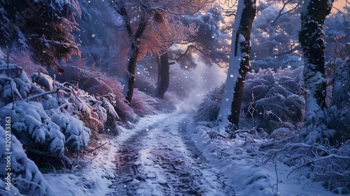 ranquil snowy woodland trail kissed by soft twilight