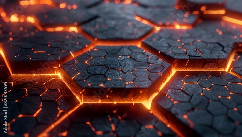 3d render of dark hexagon abstract background with glowing cracks, glowing orange light effect on black wallpaper 