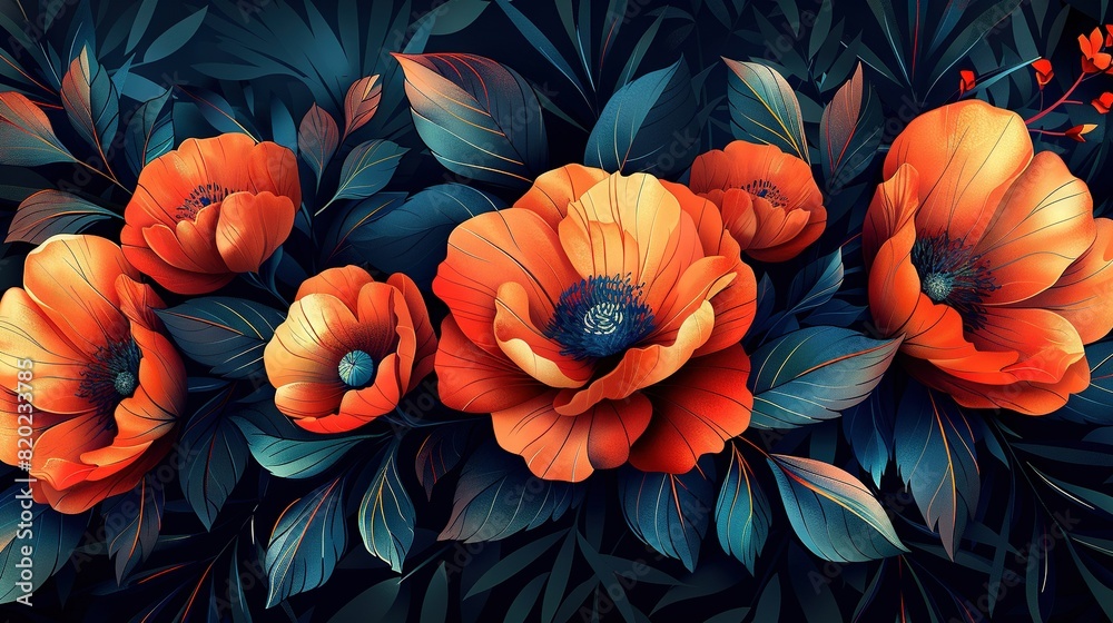 Orange-hued flowers and foliage against a dark canvas, with a blue-centered composition flanked by orange and green leaves Orange-hued flowers and foliage against a dark canvas, with a blue-centered composition flanked by orange and green leaves