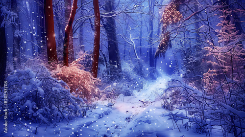 ranquil snowy woodland trail kissed by soft twilight