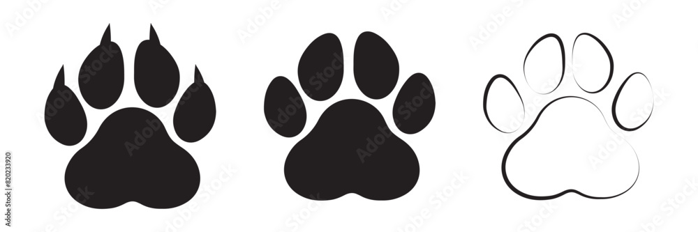 Paw footprint icon set, paw print icons in different style, cute animal track Paw footprint icon set, paw print icons in different style, cute animal track