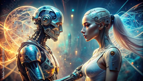 A digital art piece combining human elements with robotic features, emphasizing the merger of technology and humanity.