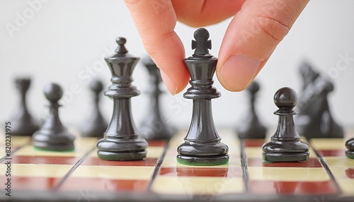 The person making the move in a chess match moves the piece with her hand photo