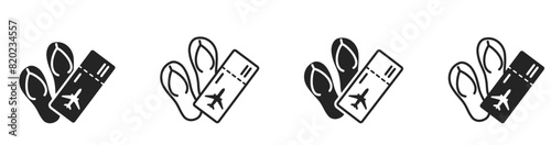 summer vacation icon set. flip flops and flight ticket. sea travel and beach symbols. isolated vector images for tourism design