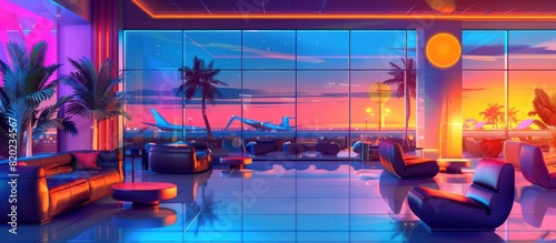 Futuristic Airport Lounge A Vibrant Cartoon of Luxurious Relaxation and Panoramic Views