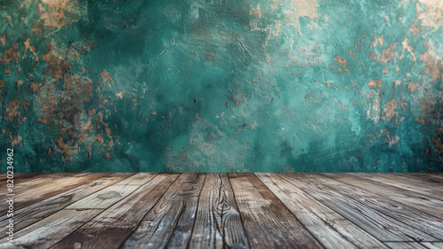 A rustic wooden floor against an aged, textured teal wall. photo