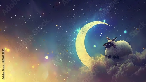   A sheep perched high on a cloud, bathed in the light of a crescent moon during twilight