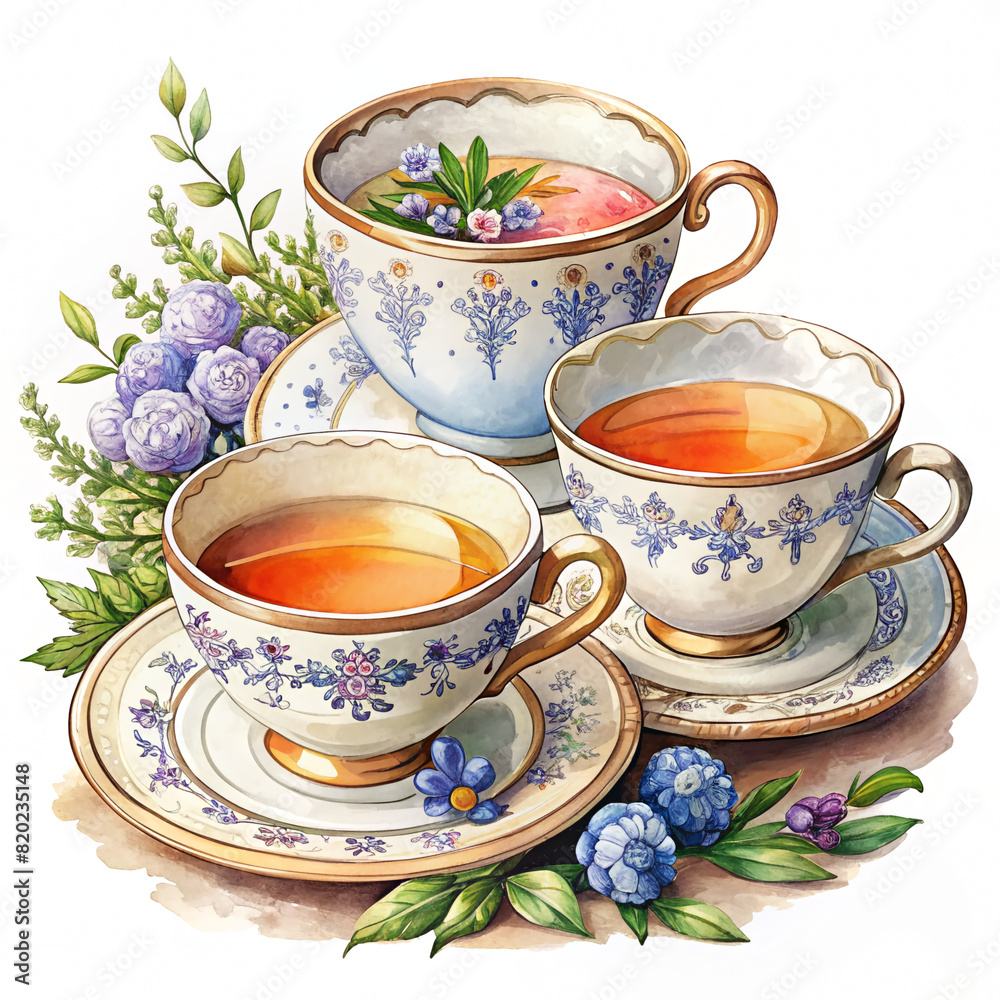 An illustration featuring elegant porcelain tea cups with brewed tea and blue flowers. This refined scene exudes sophistication and tranquility, perfect for moments of relaxation and indulgence An illustration featuring elegant porcelain tea cups with brewed tea and blue flowers. This refined scene exudes sophistication and tranquility, perfect for moments of relaxation and indulgence