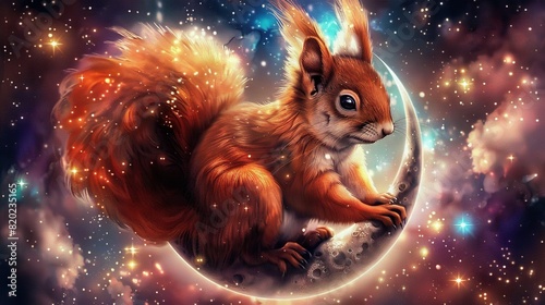   A squirrel sits atop a crescent moon against a starry night sky © Nadia