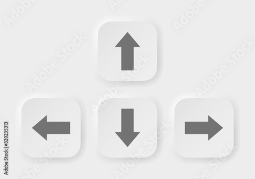Up, down, left and right arrows. Direction control and ok buttons. White and gray 3d icons, neomorphism. Keyboard Directional buttons