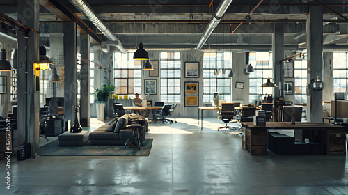 Open-plan office with industrial chic decor.