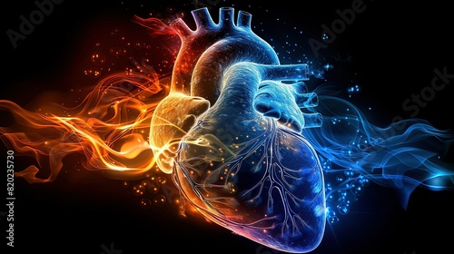  A dark image of a heart engulfed in flames and smoke on a black background photo