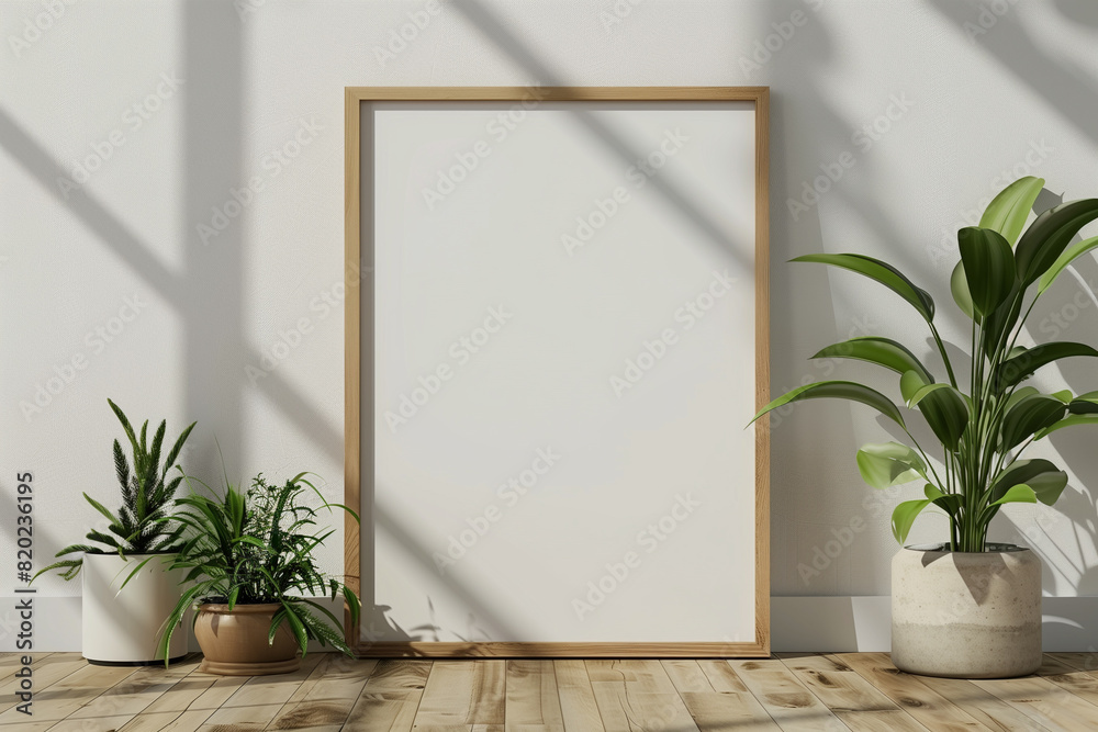Vertical poster mock up with wooden frame on the floor and green plants on stellage. 3d rendering.