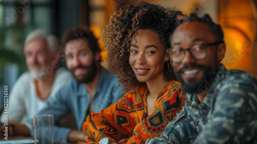 diverse entrepreneurial team, a multicultural team of entrepreneurs, including a black woman, a white man, and an asian man, collaborate in a stylish office, planning their product launch photo