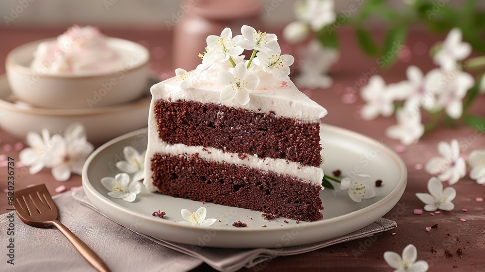 A chocolate cake with white frosting & flowers on a plate Fork & bowl of flowers nearby A chocolate cake with white frosting & flowers on a plate Fork & bowl of flowers nearby