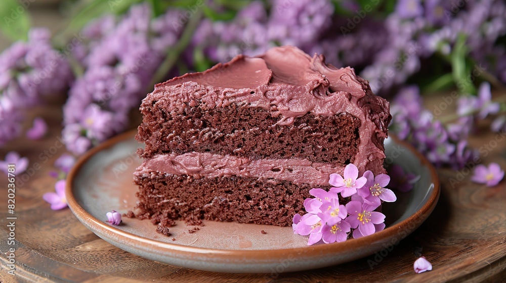 A chocolate cake with pink frosting sits on a wooden table alongside purple flowers A chocolate cake with pink frosting sits on a wooden table alongside purple flowers