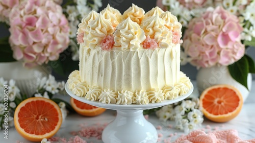  Close-up of cake on plate with flowers, oranges & vases of flowers