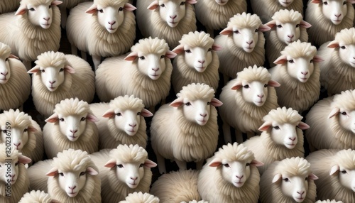 A dense group of sheep packed closely together, displaying their fluffy white wool and docile expressions, suitable for themes of unity or nature. photo