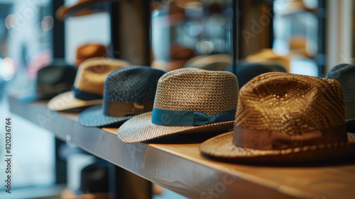 Multiple hats displayed on a wooden shelf in a store.