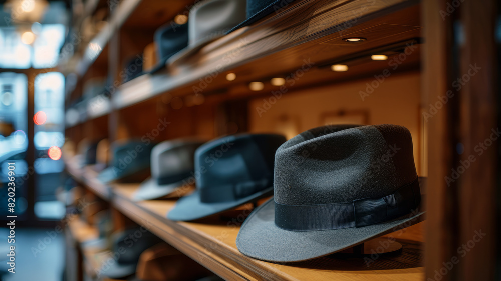 Hats on display in a fashionable store with wooden shelves.
