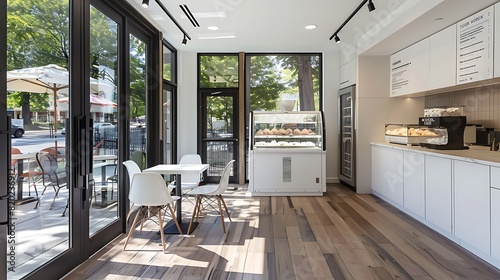 modern coffee shop with white cabinets and wood floorsoutdoor seating areaice cream display case in the middle of roommodern glass door on left side leading to patio outside
