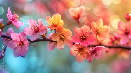  A branch of a tree adorned with pink and yellow flowers, surrounded by out-of-focus background lighting © Nadia