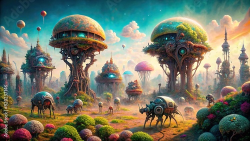 An artistic interpretation of the concept of artificial life  featuring a surreal landscape inhabited by robotic creatures and bio-mechanical structures