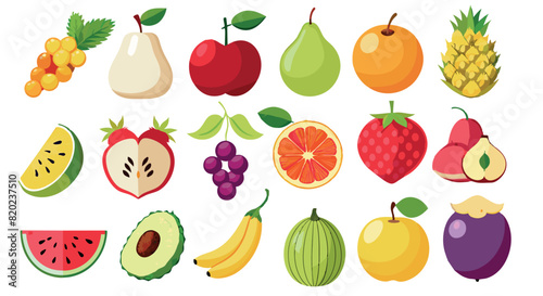 A set of vector illustrations of fruits on a white background, fruits: bananas, orange, plum, watermelon, melon, pear, grape, apple, apricot, pineapple, dragon fruit, fig, gooseberry, grapefruit, stra