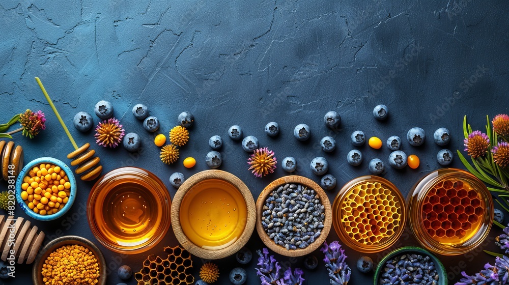 Fresh honeycomb with lavender on wooden table, spring themed setting with ample space for text Fresh honeycomb with lavender on wooden table, spring themed setting with ample space for text