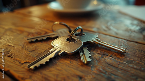 Close-up of keys on a rustic wooden surface with a cup in the background.