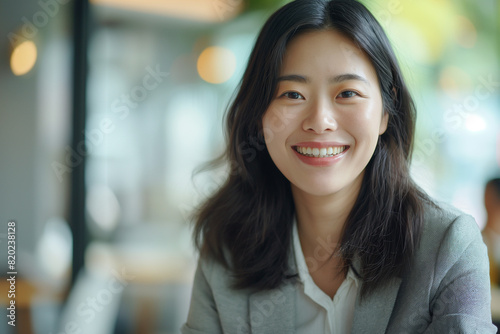 A young adult Asian woman with long hair smiles warmly, dressed in business casual attire Free Download A young adult Asian woman with long hair smiles warmly, dressed in business casual attire - GFXLoad