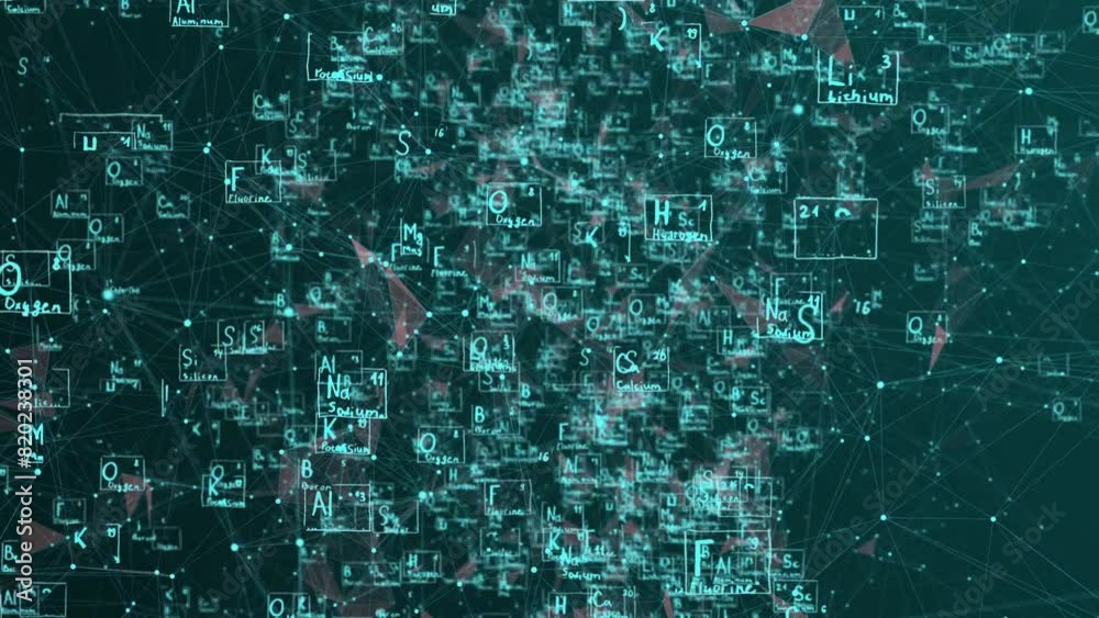 names moving in space from the periodic system of chemical elements, video loop, 4k video with alpha channel