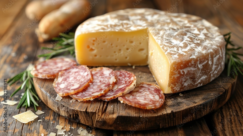 A wooden cutting board with cheese and salami slices next to a bread slice with cheese on top A wooden cutting board with cheese and salami slices next to a bread slice with cheese on top