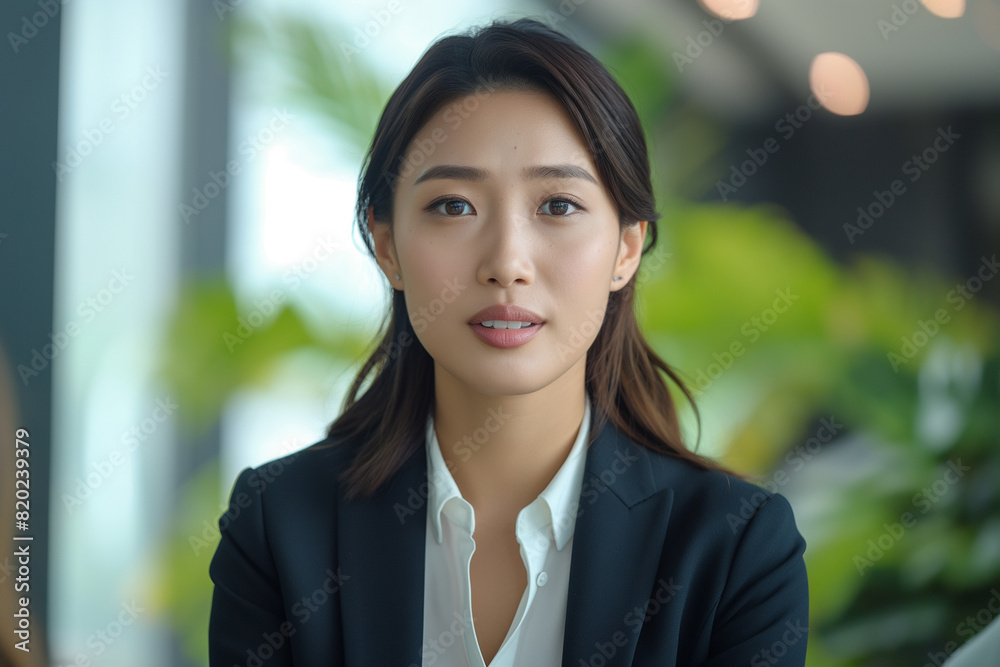 A professional looking young Asian woman with an attentive look, wearing a business suit and blouse in an office environment A professional looking young Asian woman with an attentive look, wearing a business suit and blouse in an office environment