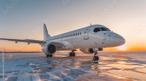 An aircraft is parked on the airport tarmac. The airplane, made of composite materials, is ready for air travel. It sits at the transport hub, awaiting its next flight.