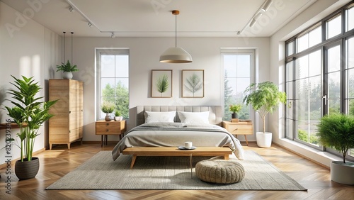 A serene bedroom flooded with soft natural light, featuring minimalist d?cor and uncluttered space photo