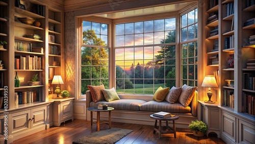 A cozy reading nook illuminated by a large window, inviting relaxation and contemplation in a tranquil setting.