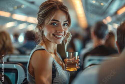 Beautiful woman passenger with a glass of water on board an airliner
