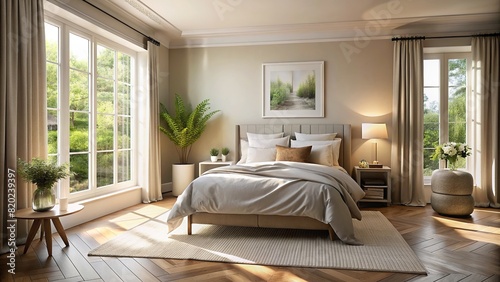 A serene bedroom bathed in soft morning light, with crisp linens and minimal decor, offering a restful sanctuary.